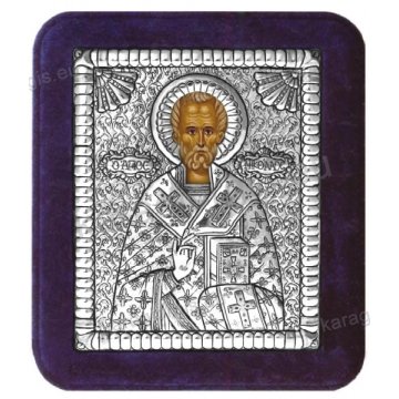 Ασημένια χειροποίητη εικόνα Άγιος Νικόλαος με ασήμι 999ο και μπλε βελούδινη κορνίζα 16*19cm