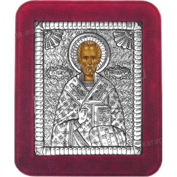 Ασημένια χειροποίητη εικόνα Άγιος Νικόλαος με ασήμι 999ο και κόκκινη βελούδινη κορνίζα 16*19cm
