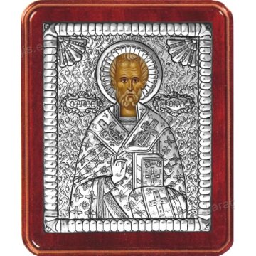 Ασημένια χειροποίητη εικόνα Άγιος Νικόλαος με ασήμι 999ο και ξύλινη κορνίζα 16*19cm