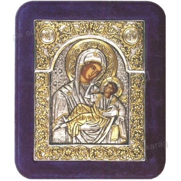 Ασημόχρυση χειροποίητη εικόνα Παναγία Μεγαλόχαρη με ασήμι 999ο χρυσό Κ24 και μπλε βελούδινη κορνίζα 16*19cm