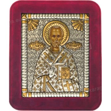 Ασημόχρυση χειροποίητη εικόνα Άγιος Νικόλαος με ασήμι 999ο χρυσό Κ24 και κόκκινη βελούδινη κορνίζα 16*19cm