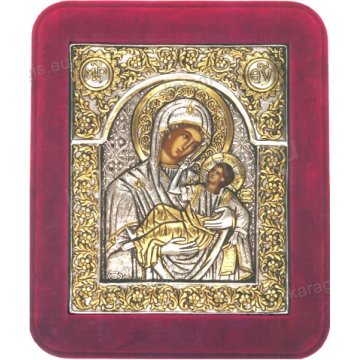 Ασημόχρυση χειροποίητη εικόνα Μεγαλόχαρη με ασήμι 999ο χρυσό Κ24 και κόκκινη βελούδινη κορνίζα 16*19cm