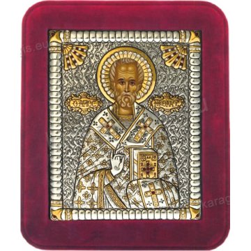 Ασημόχρυση πετράτη χειροποίητη εικόνα Άγιος Νικόλαος με ασήμι 999ο χρυσό Κ24 και κόκκινη βελούδινη κορνίζα με κρυστάλλους Swarovski 16*19cm
