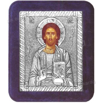 Ασημένια χειροποίητη εικόνα Χριστός Παντοκράτωρ με ασήμι 999ο και μπλε βελούδινη κορνίζα 16*19cm