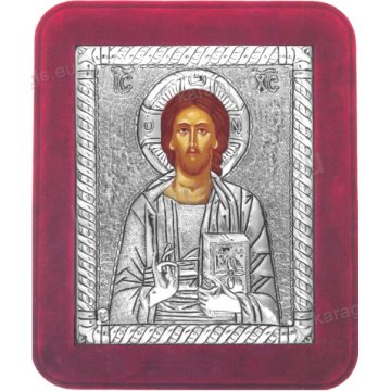 Ασημένια χειροποίητη εικόνα Χριστός Παντοκράτωρ με ασήμι 999ο και κόκκινη βελούδινη κορνίζα 16*19cm
