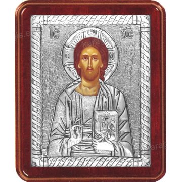 Ασημένια χειροποίητη εικόνα Χριστός Παντοκράτωρ με ασήμι 999ο και ξύλινη κορνίζα 16*19cm