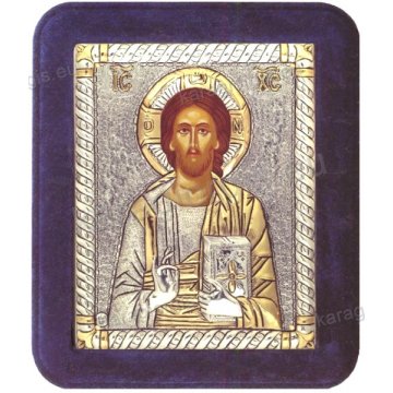 Ασημόχρυση χειροποίητη εικόνα Χριστός Παντοκράτωρ με ασήμι 999ο χρυσό Κ24 και μπλε βελούδινη κορνίζα 16*19cm