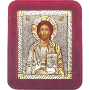 Ασημόχρυση χειροποίητη εικόνα Χριστός Παντοκράτωρ με ασήμι 999ο χρυσό Κ24 και κόκκινη βελούδινη κορνίζα 16*19cm