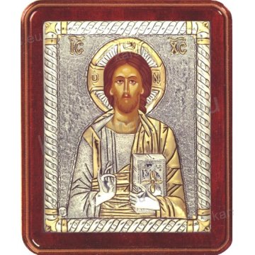 Ασημόχρυση χειροποίητη εικόνα Χριστός Παντοκράτωρ με ασήμι 999ο χρυσό Κ24 και ξύλινη κορνίζα 16*19cm