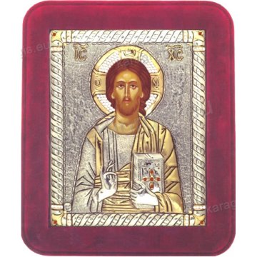 Ασημόχρυση πετράτη χειροποίητη εικόνα Χριστός Παντοκράτωρ με ασήμι 999ο χρυσό Κ24 και κόκκινη βελούδινη κορνίζα με κρυστάλλους Swarovski 16*19cm