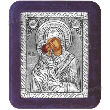 Ασημένια χειροποίητη εικόνα Παναγία Γλυκοφιλούσα με ασήμι 999ο και μπλε βελούδινη κορνίζα 16*19cm