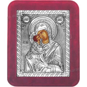 Ασημένια χειροποίητη εικόνα Παναγία Γλυκοφιλούσα με ασήμι 999ο και κόκκινη βελούδινη κορνίζα 16*19cm