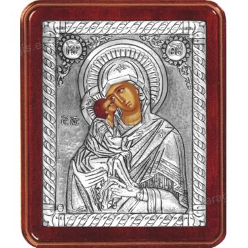 Ασημένια χειροποίητη εικόνα Παναγία Γλυκοφιλούσα με ασήμι 999ο και ξύλινη κορνίζα 16*19cm