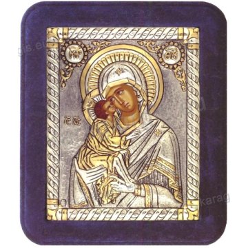 Ασημόχρυση χειροποίητη εικόνα Παναγία Γλυκοφιλούσα με ασήμι 999ο χρυσό Κ24 και μπλε βελούδινη κορνίζα 16*19cm