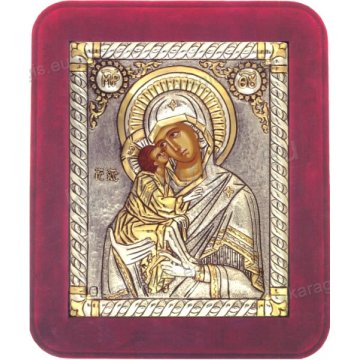 Ασημόχρυση χειροποίητη εικόνα Παναγία Γλυκοφιλούσα με ασήμι 999ο χρυσό Κ24 και κόκκινη βελούδινη κορνίζα 16*19cm