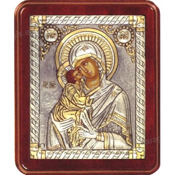 Ασημόχρυση χειροποίητη εικόνα Παναγία Γλυκοφιλούσα με ασήμι 999ο χρυσό Κ24 και ξύλινη κορνίζα 16*19cm