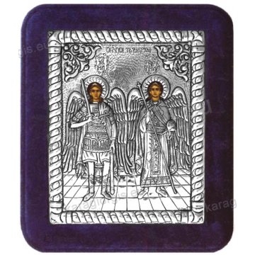 Ασημένια χειροποίητη εικόνα Οι Άγιοι Ταξιάρχες με ασήμι 999ο και μπλε βελούδινη κορνίζα 16*19cm