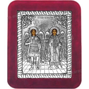 Ασημένια χειροποίητη εικόνα Οι Άγιοι Ταξιάρχες με ασήμι 999ο και κόκκινη βελούδινη κορνίζα 16*19cm