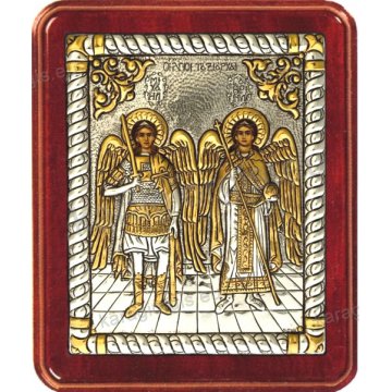 Ασημόχρυση χειροποίητη εικόνα Οι Άγιοι Ταξιάρχες με ασήμι 999ο χρυσό Κ24 και ξύλινη κορνίζα 16*19cm