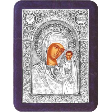Ασημένια χειροποίητη εικόνα Παναγία Καζάνσκα Ρώσικη με ασήμι 999ο και μπλε βελούδινη κορνίζα 19*25cm