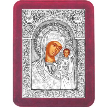 Ασημένια χειροποίητη εικόνα Παναγία Καζάνσκα Ρώσικη με ασήμι 999ο και κόκινη βελούδινη κορνίζα 19*25cm