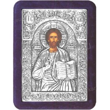 Ασημένια χειροποίητη εικόνα Χριστός Ζωοδότης με ασήμι 999ο και μπλε βελούδινη κορνίζα 19*25cm