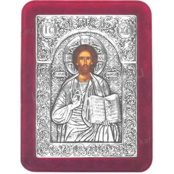Ασημένια χειροποίητη εικόνα Χριστός Ζωοδότης με ασήμι 999ο και κόκκινη βελούδινη κορνίζα 19*25cm