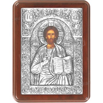 Ασημένια χειροποίητη εικόνα Χριστός Ζωοδότης με ασήμι 999ο και ξύλινη βελούδινη κορνίζα 19*25cm