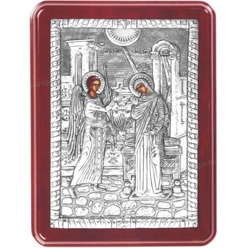 Ασημένια χειροποίητη εικόνα Ευαγγελισμός της Θεοτόκου με ασήμι 999ο και ξύλινη κορνίζα 19*25cm