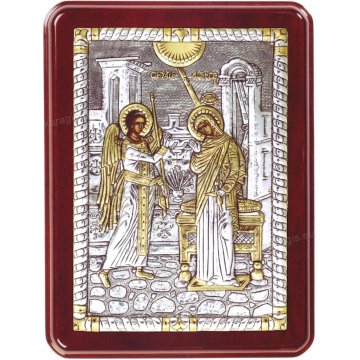 Ασημόχρυση χειροποίητη εικόνα Ευαγγελισμός της Θεοτόκου με ασήμι 999ο χρυσό Κ24 και ξύλινη κορνίζα 19*25cm