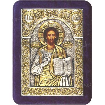 Ασημόχρυση χειροποίητη εικόνα Χριστός Ζωοδότης με ασήμι 999ο χρυσό Κ24 και μπλε βελούδινη κορνίζα 19*25cm