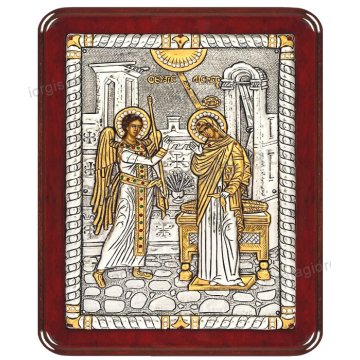 Ασημόχρυση πετράτη χειροποίητη εικόνα Ευαγγελισμός της Θεοτόκου με ασήμι 999ο χρυσό Κ24 και ξύλινη κορνίζα με κρυστάλλους Swarovski 19*25cm