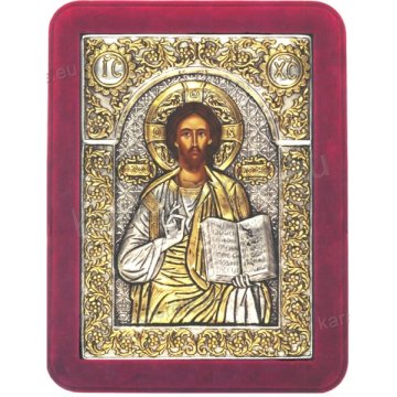 Ασημόχρυση χειροποίητη εικόνα Χριστός Ζωοδότης με ασήμι 999ο χρυσό Κ24 και κόκκινη βελούδινη κορνίζα 19*25cm