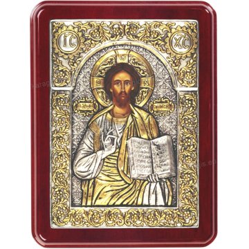 Ασημόχρυση χειροποίητη εικόνα Χριστός Ζωοδότης με ασήμι 999ο χρυσό Κ24 και ξύλινη κορνίζα 19*25cm