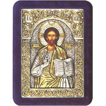 Ασημόχρυση πετράτη χειροποίητη εικόνα Χριστός Ζωοδότης με ασήμι 999ο χρυσό Κ24 και μπλε βελούδινη κορνίζα με κρυστάλλους Swarovski 19*25cm
