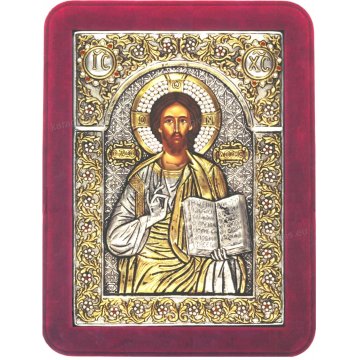 Ασημόχρυση πετράτη χειροποίητη εικόνα Χριστός Ζωοδότης με ασήμι 999ο χρυσό Κ24 και κόκκινη βελούδινη κορνίζα με κρυστάλλους Swarovski 19*25cm