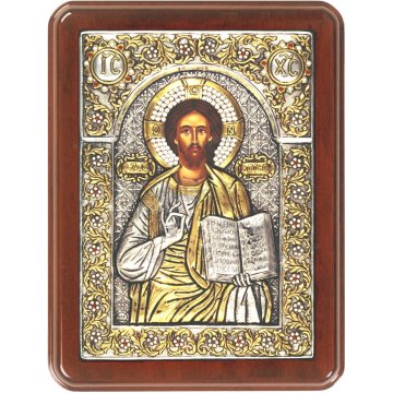 Ασημόχρυση πετράτη χειροποίητη εικόνα Χριστός Ζωοδότης με ασήμι 999ο χρυσό Κ24 και ξύλινη κορνίζα με κρυστάλλους Swarovski 19*25cm
