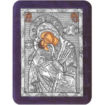 Ασημένια χειροποίητη εικόνα Παναγία Γλυκοφιλούσα Αγγέλων με ασήμι 999ο και μπλε βελούδινη κορνίζα 19*25cm