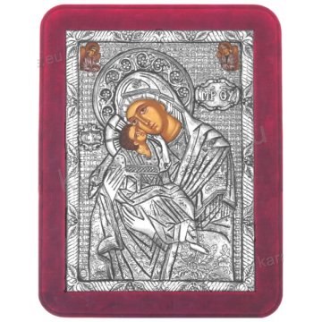 Ασημένια χειροποίητη εικόνα Παναγία Γλυκοφιλούσα Αγγέλων με ασήμι 999ο και κόκκινη βελούδινη κορνίζα 19*25cm