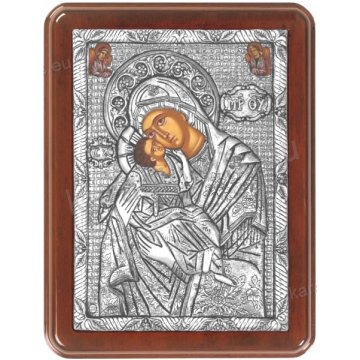 Ασημένια χειροποίητη εικόνα Παναγία Γλυκοφιλούσα Αγγέλων με ασήμι 999ο και ξύλινη κορνίζα 19*25cm