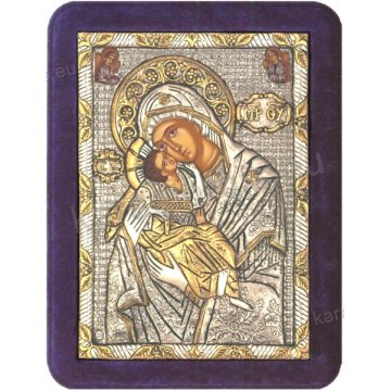 Ασημόχρυση χειροποίητη εικόνα Παναγία Γλυκοφιλούσα Αγγέλων με ασήμι 999ο χρυσό Κ24 και μπλε βελούδινη κορνίζα 19*25cm