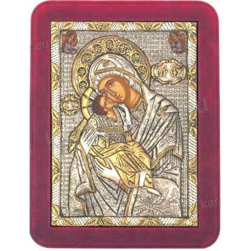 Ασημόχρυση χειροποίητη εικόνα Παναγία Γλυκοφιλούσα Αγγέλων με ασήμι 999ο χρυσό Κ24 και κόκκινη βελούδινη κορνίζα 19*25cm