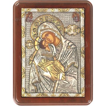 Ασημόχρυση χειροποίητη εικόνα Παναγία Γλυκοφιλούσα Αγγέλων με ασήμι 999ο χρυσό Κ24 και ξύλινη κορνίζα 19*25cm