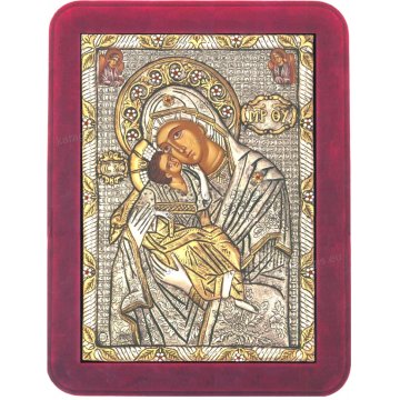 Ασημόχρυση πετράτη χειροποίητη εικόνα Παναγία Γλυκοφιλούσα Αγγέλων με ασήμι 999ο χρυσό Κ24 και κόκκινη βελούδινη κορνίζα με κρυστάλλους Swarovski 19*25cm