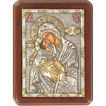 Ασημόχρυση πετράτη χειροποίητη εικόνα Παναγία Γλυκοφιλούσα Αγγέλων με ασήμι 999ο χρυσό Κ24 και ξύλινη κορνίζα με κρυστάλλους Swarovski 19*25cm