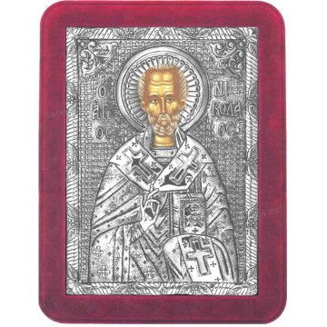 Ασημένια χειροποίητη εικόνα Άγιος Νικόλαος με ασήμι 999ο και κόκκινη βελούδινη κορνίζα 19*25cm