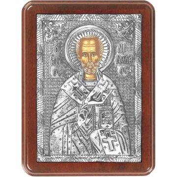 Ασημένια χειροποίητη εικόνα Άγιος Νικόλαος με ασήμι 999ο και ξύλινη κορνίζα 19*25cm