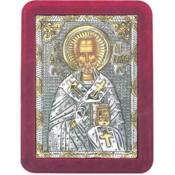 Ασημόχρυση χειροποίητη εικόνα Άγιος Νικόλαος με ασήμι 999ο χρυσό Κ24 και κόκκινη βελούδινη κορνίζα 19*25cm