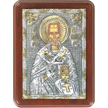 Ασημόχρυση χειροποίητη εικόνα Άγιος Νικόλαος με ασήμι 999ο χρυσό Κ24 και ξύλινη κορνίζα 19*25cm