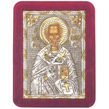 Ασημόχρυση πετράτη χειροποίητη εικόνα Άγιος Νικόλαος με ασήμι 999ο χρυσό Κ24 και κόκκινη βελούδινη κορνίζα με κρυστάλλους Swarovski 19*25cm